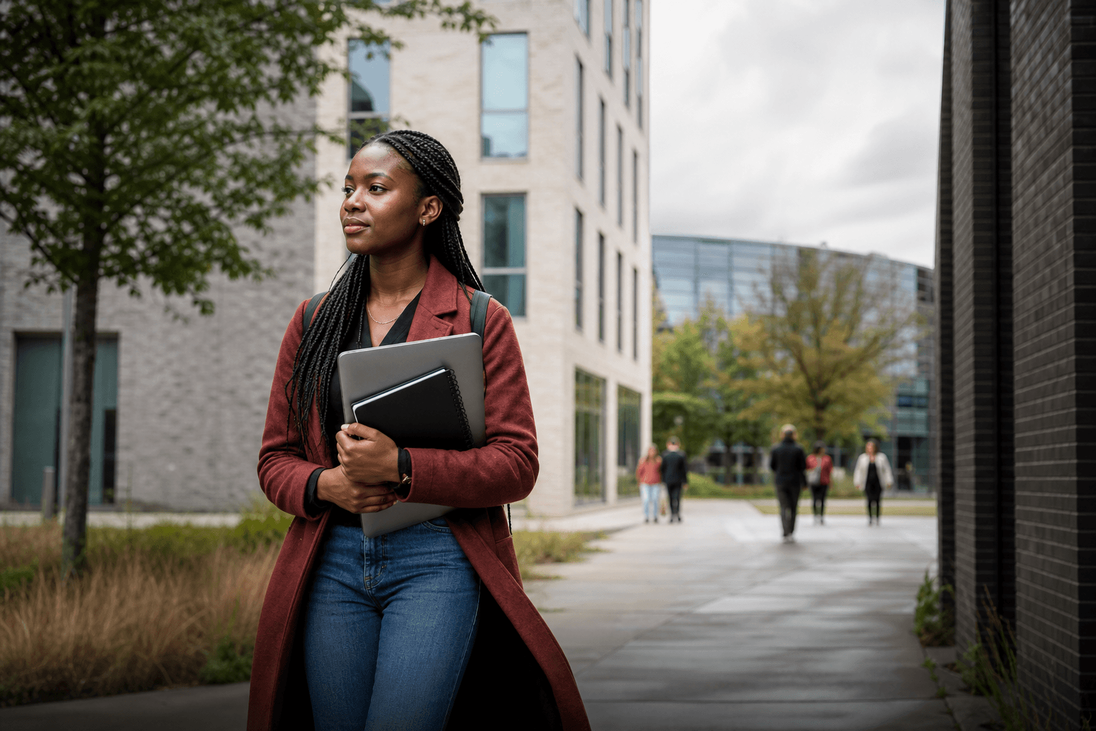 Jeune étudiante africaine sur un campus universitaire européen